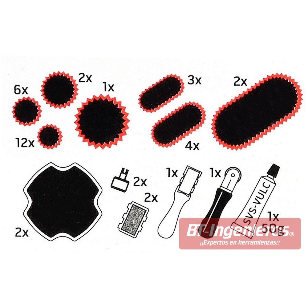 Detalle del contenido del kit reparapinchazos para tractor.