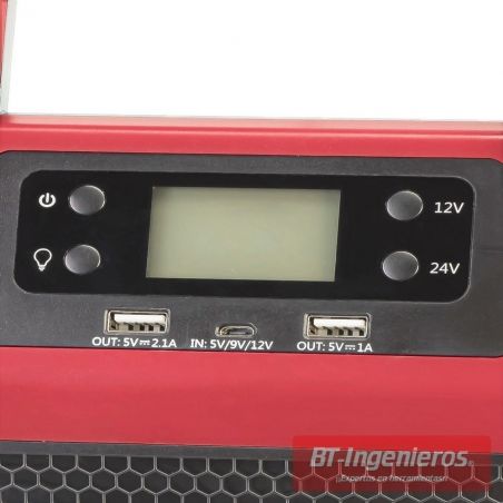 Panel con display digital: Indica porcentaje de carga de batería interna, instrucciones de arranque y muestra errores.