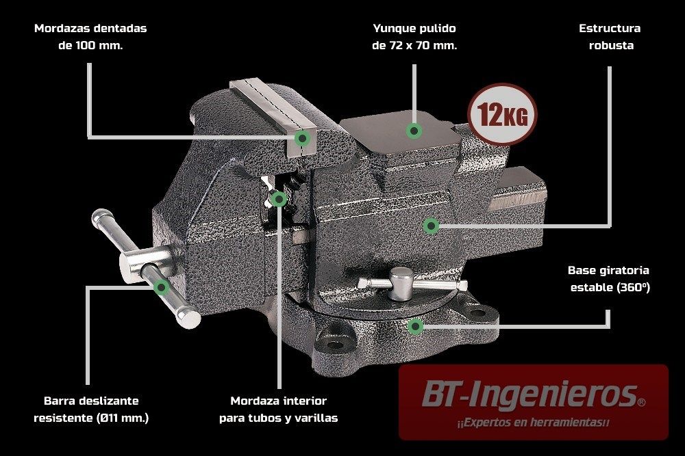 Tornillo de banco profesional 125 MM con base y mordazas giratorias.