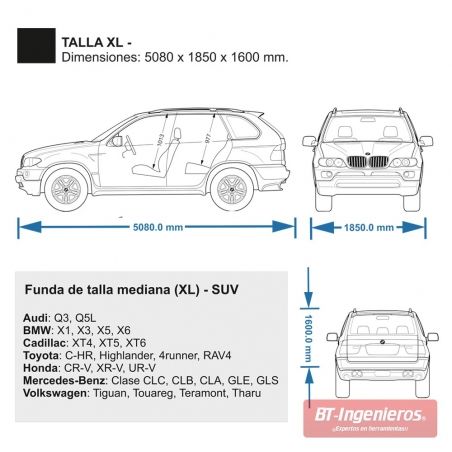 Dimensiones y ejemplos de compatibilidad para la funda de talla extra grande (XL)