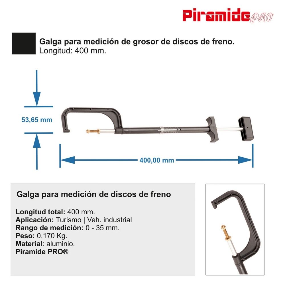 Dimensiones y resumen de características de la galga para medir discos de freno