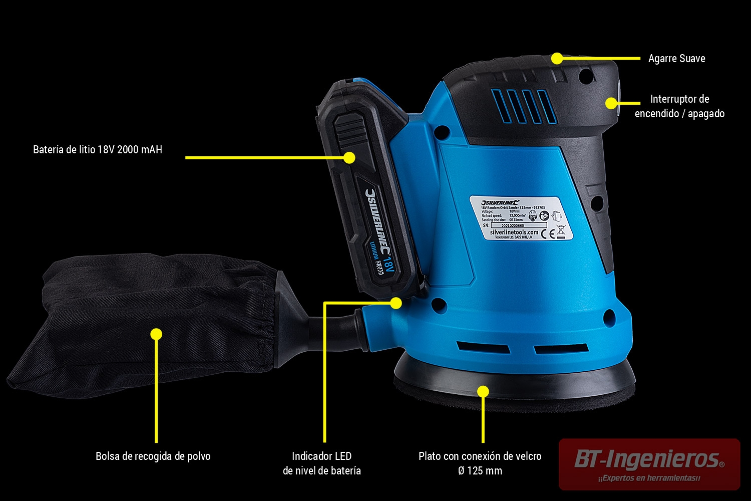 ▫ Lijadora orbital a batería 2 Ah 18V de doble acción. Ø125 mm