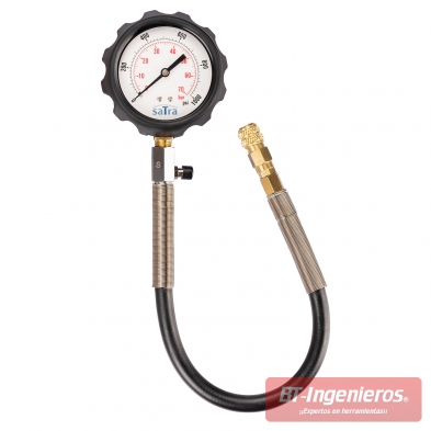 Reloj de medición de compresión con latiguillo, válvula de descompresión y conector rápido.