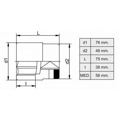 Llave de vaso de 56 mm. 3/4" 12 caras - Dimensiones