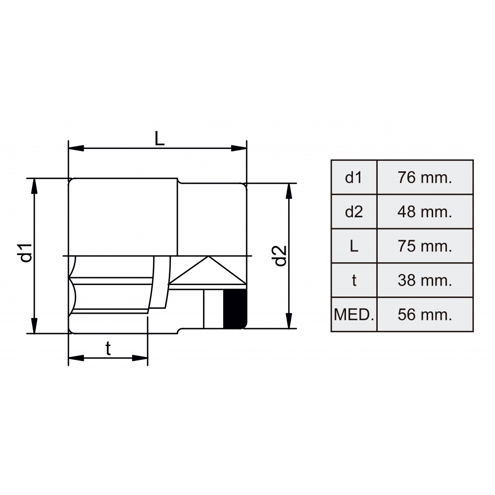 Llave de vaso de 56 mm. 3/4" 12 caras - Dimensiones