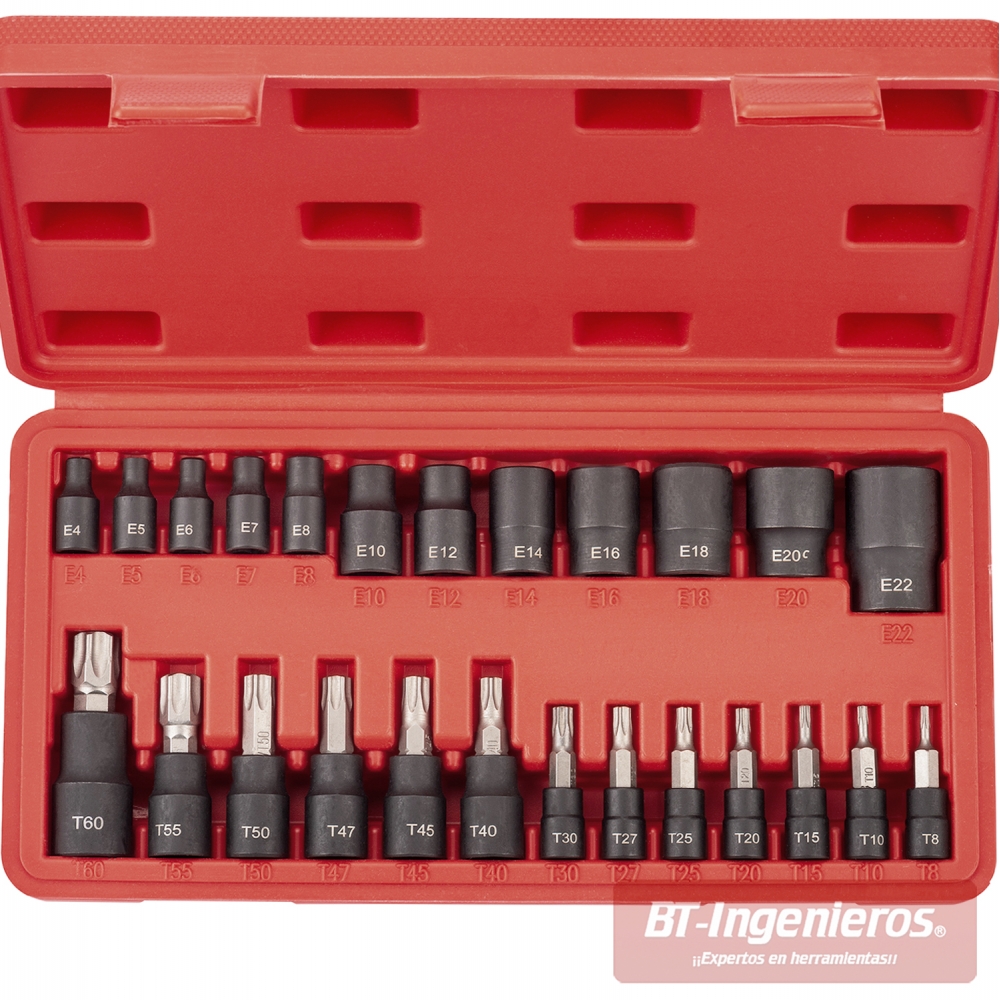 Set de llaves vaso y puntas Torx Reforzadas | 25 piezas - (T8-T60) y (E4-E22)