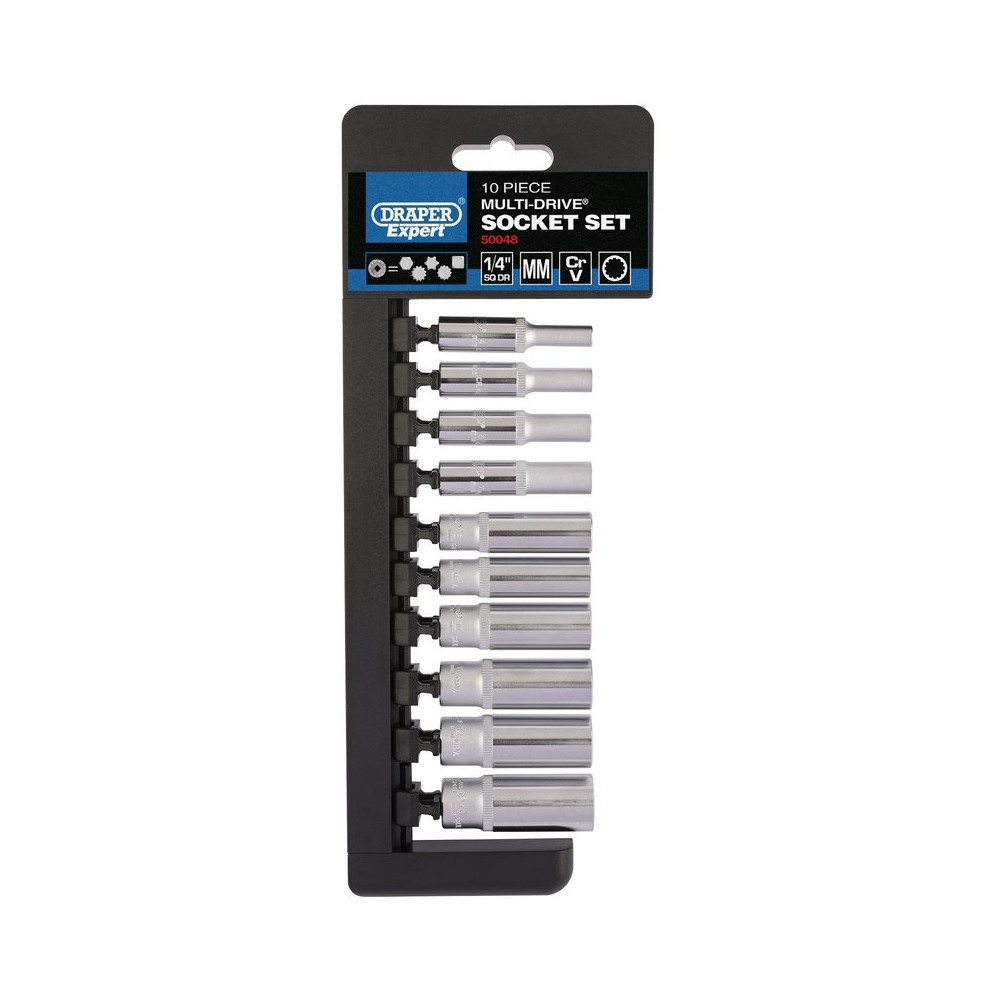 Juego de 10 vasos largos de 12 caras 1/4". Sistema Multidrive