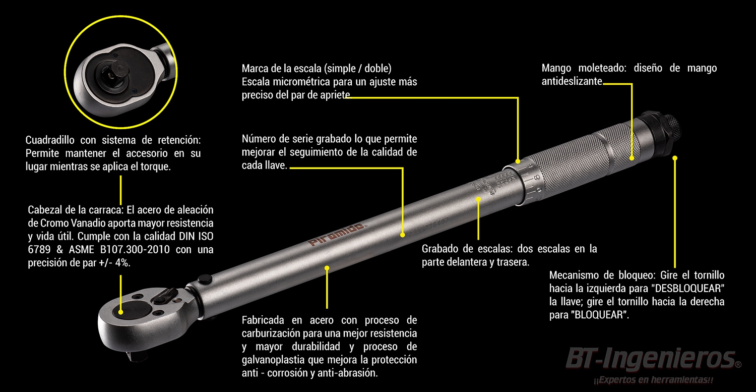 Llave Dinamométrica Piramide de 1/2 con Rango de Apriete de 0-200 Nm