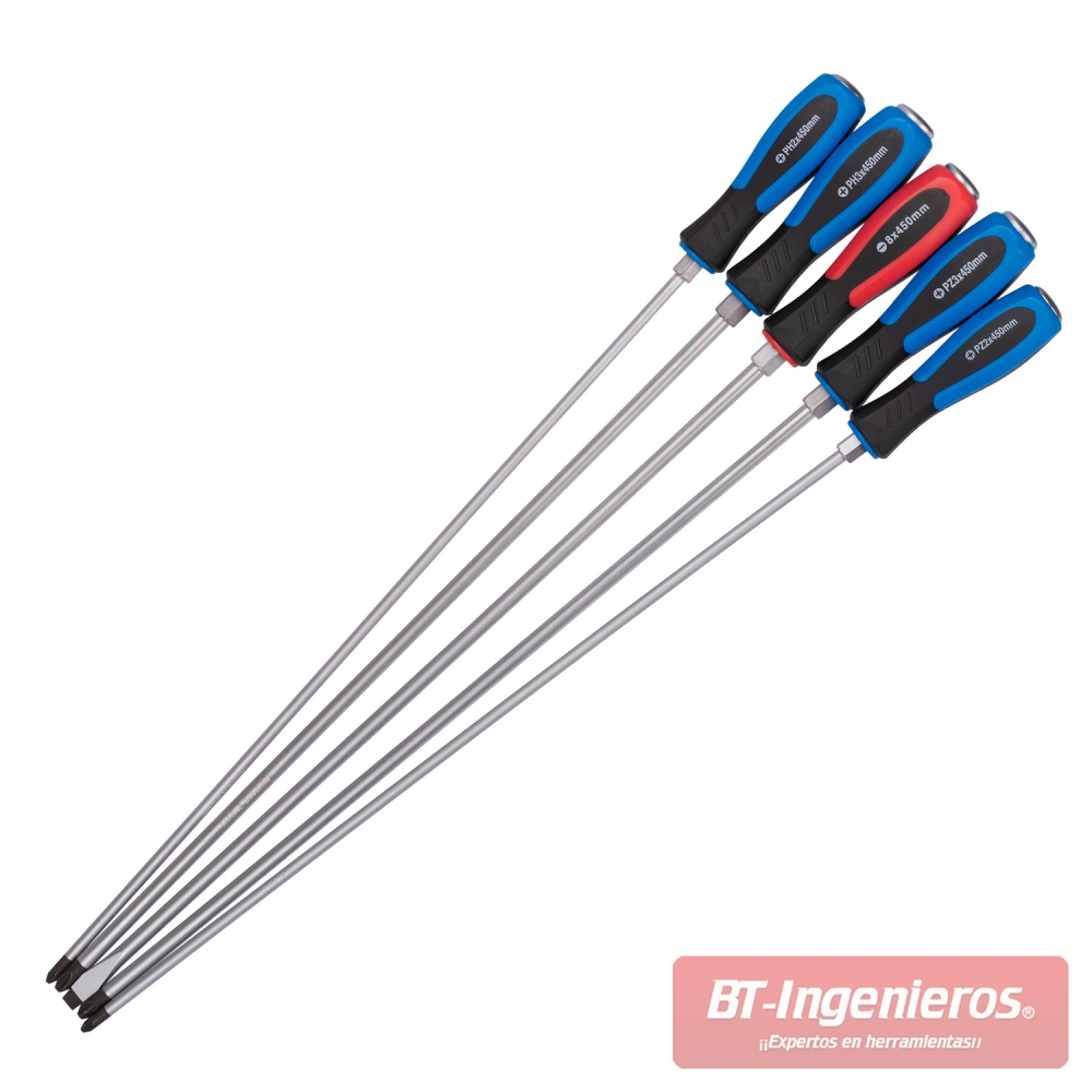 Juego de 5 destornilladores extra largos 450 MM "Hammer-Thru". Acero Cr-V