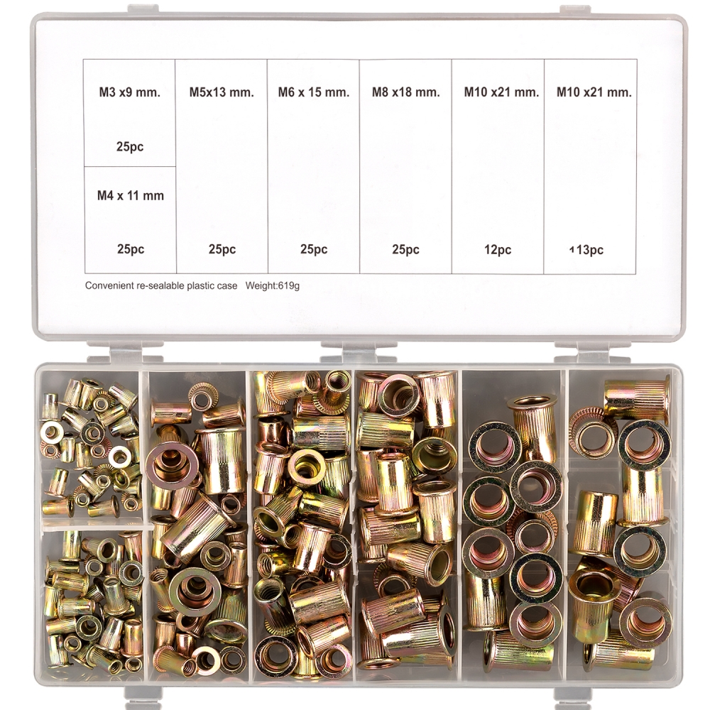 Juego de 150 remaches roscados con ala. M3 - M10 | Acero al carbono