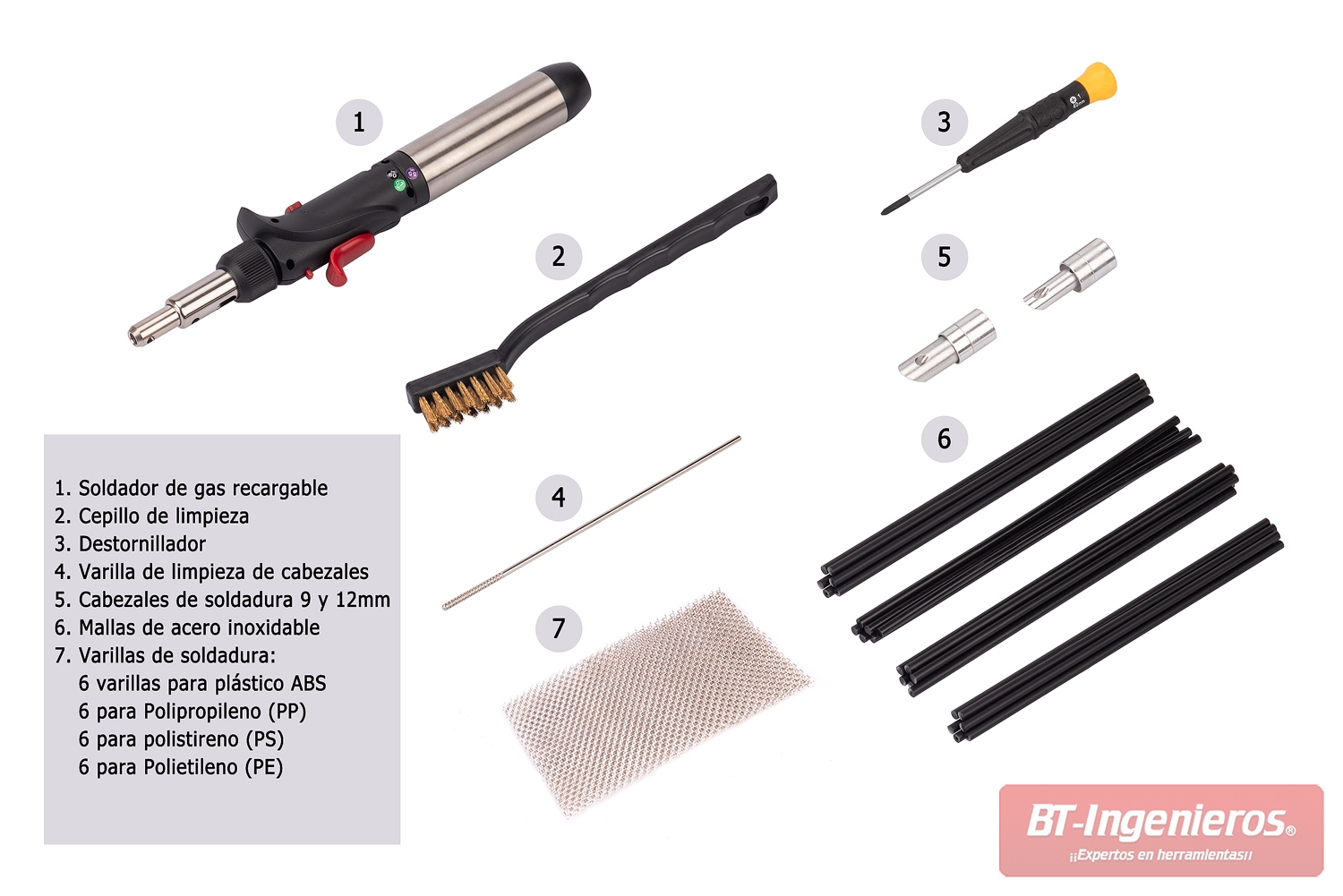 Detalle de las piezas del kit de reparacion de plasticos