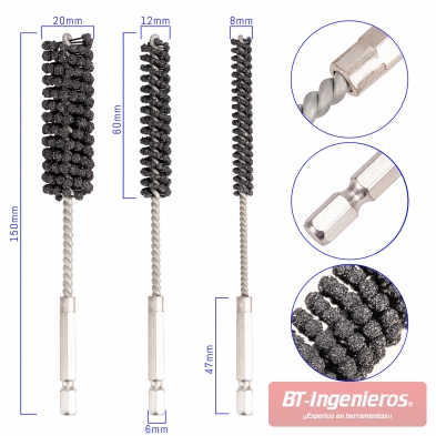 Juego de cepillos de bruñido con eje flexible Ø 8, Ø 12 y Ø 20 mm. Especial frenos y suspensión.
