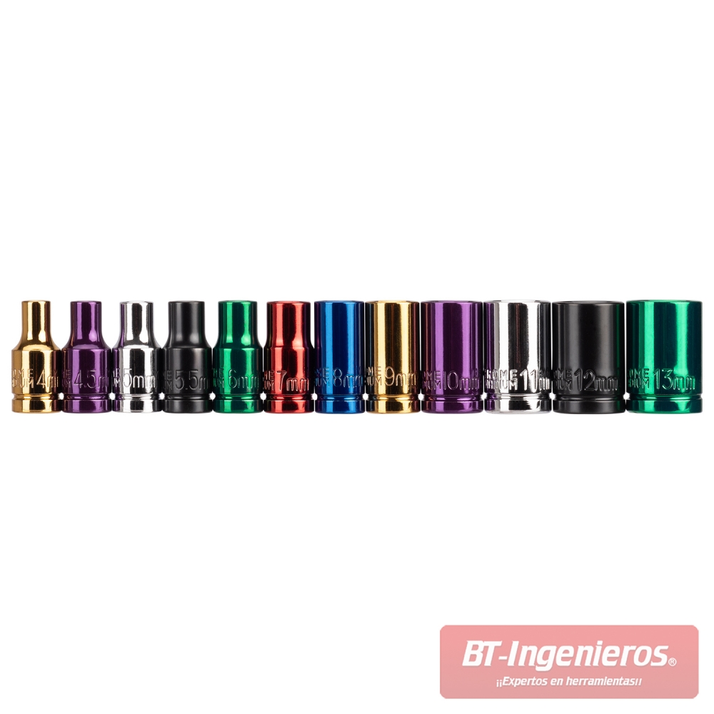 Juego de 12 llaves de vaso de colores de 1/4" | 4 - 13 mm.