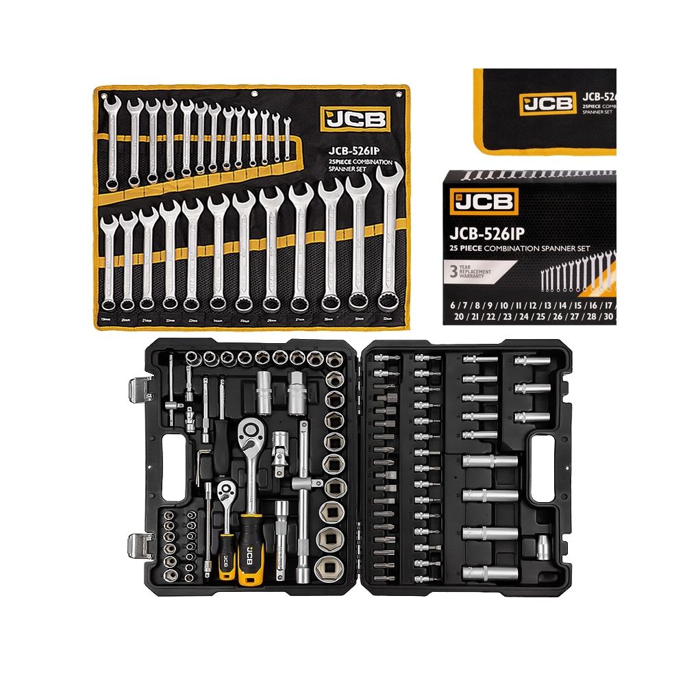 Pack maletín 94 piezas 1/2" y 1/4" + Set de 25 llaves combinadas 💪 JCB 💪