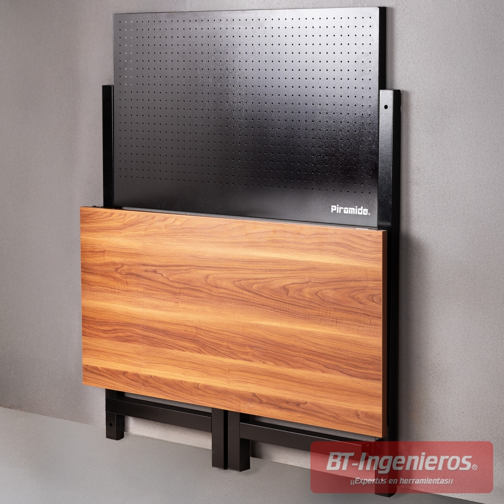 Banco de trabajo plegable con panel y mesa de madera - Posición plegado.