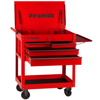 Carro de Herramientas Profesional Piramide – 4 Cajones + Tapa Abatible, Bandeja Lateral y Estante Inferior – Rojo