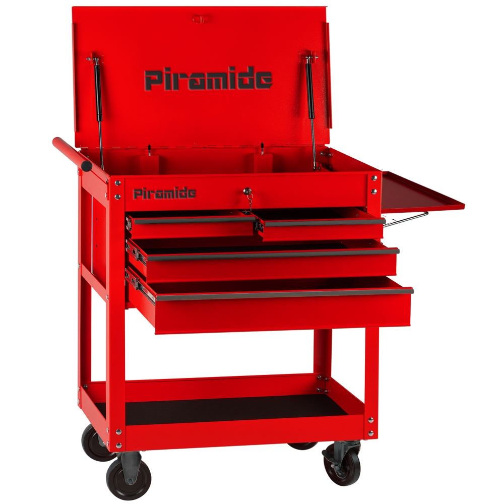 Carro de Herramientas Profesional Piramide – 4 Cajones + Tapa Abatible, Bandeja Lateral y Estante Inferior – Rojo