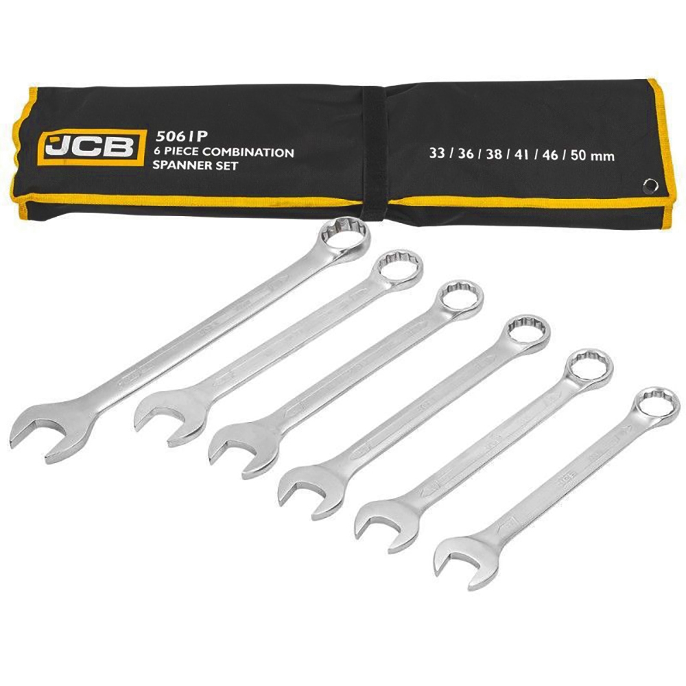 Set completo de llaves combinadas JCB 33-50 mm extendido sobre superficie blanca
