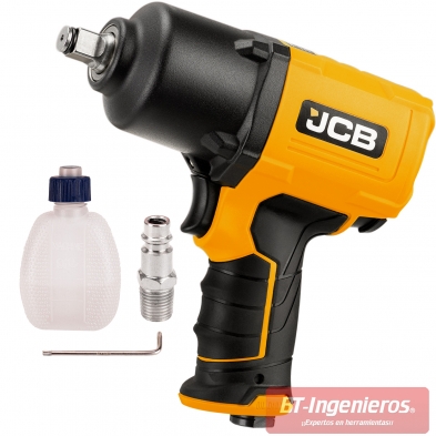 Llave de impacto JCB RP9510-KIT junto a accesorios incluidos: boquilla, botella de aceite y llave hexagonal