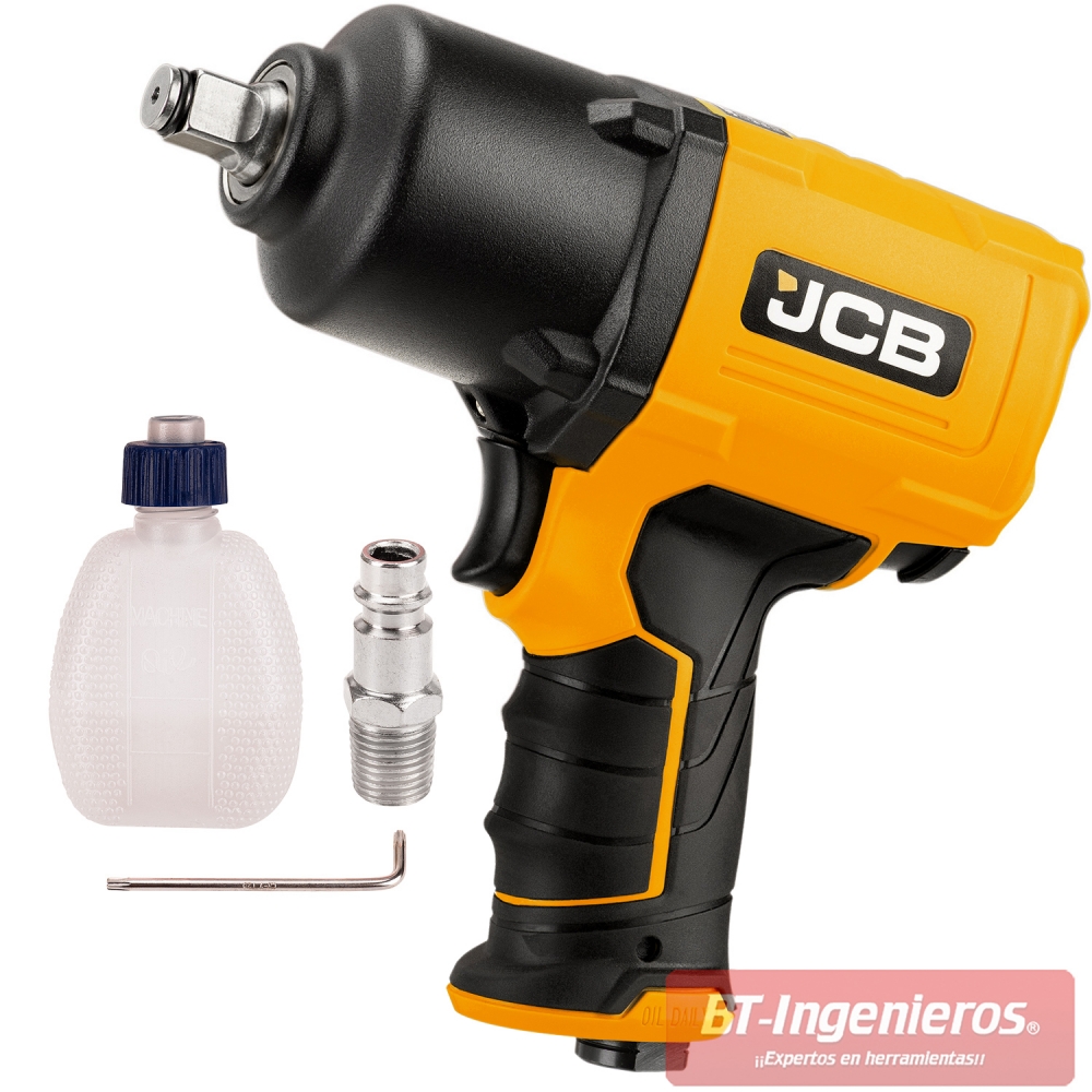 Llave de impacto JCB RP9510-KIT junto a accesorios incluidos: boquilla, botella de aceite y llave hexagonal