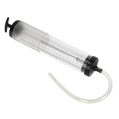 Extractor de aceite manual de 550 ml con émbolo T-bar y manguera de succión transparente.