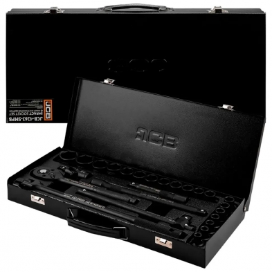Estuche metálico reforzado con cierre doble, ideal para proteger y transportar el juego completo de herramientas.