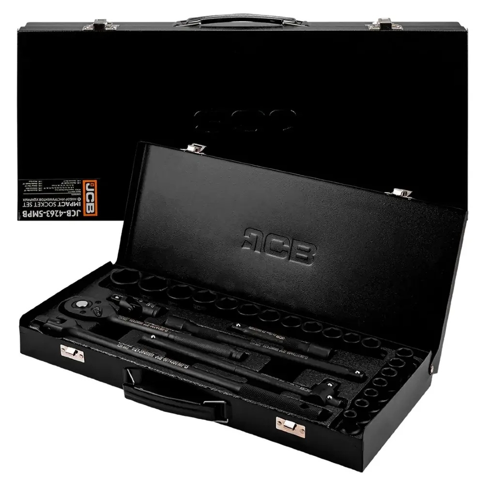 Estuche metálico reforzado con cierre doble, ideal para proteger y transportar el juego completo de herramientas.