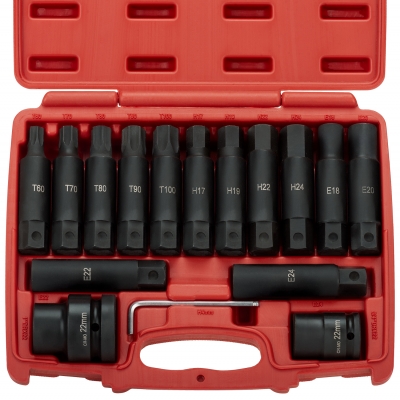 Juego de 16 Piezas Vasos y Puntas de impacto Torx y Hex |Medidas grandes - Acoples de 3/4" y 1"