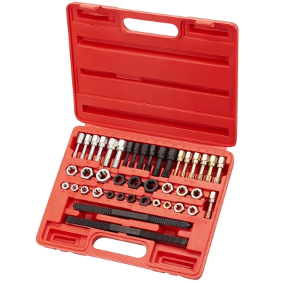 Kit reparación roscas de 42 piezas con machos y terrajas métricos e imperiales UNC/UNF en maletín rojo abierto, vista superior