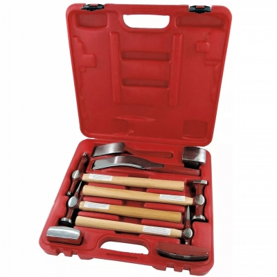 Juego martillos carrocería 9 piezas en maletín rojo con martillos y tas para reparar chapa y abolladuras en coche.