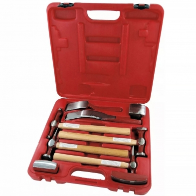 Juego martillos carrocería 9 piezas en maletín rojo con martillos y tas para reparar chapa y abolladuras en coche.