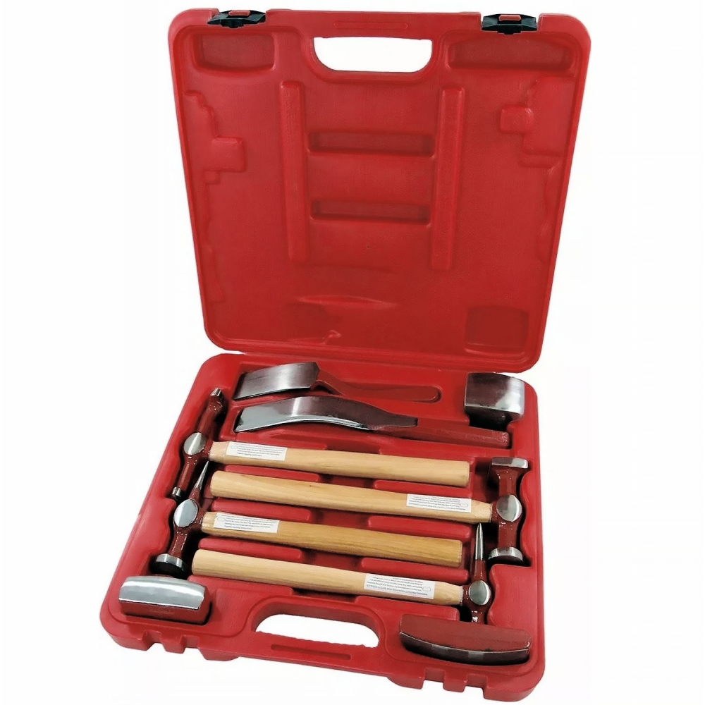 Juego martillos carrocería 9 piezas en maletín rojo con martillos y tas para reparar chapa y abolladuras en coche.