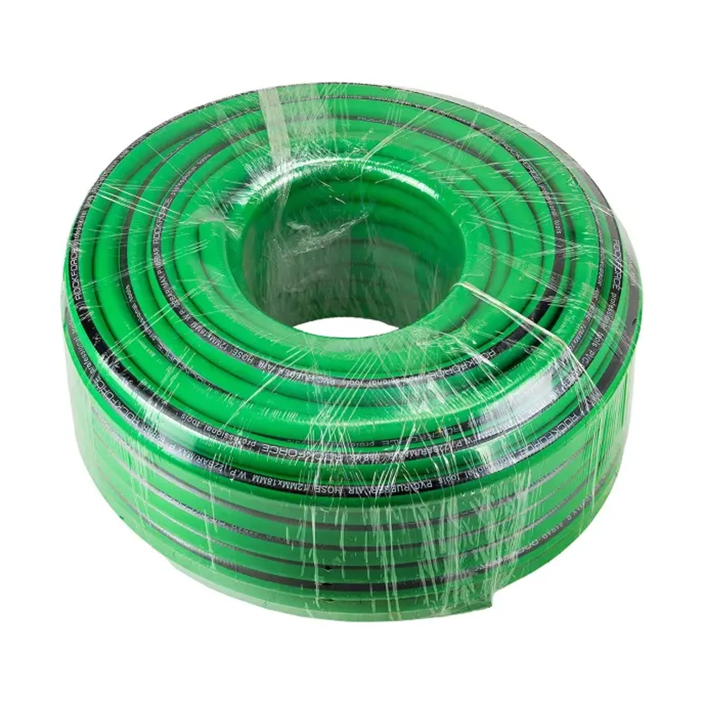 Bobina de 50 metros de manguera aire comprimido 12x18 mm, color verde, fabricada en caucho reforzado.