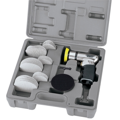 Lijadora Neumática Compacta Doble Acción 50/75 mm – Kit con 60 Discos, Baja Vibración, Mango Soft Grip