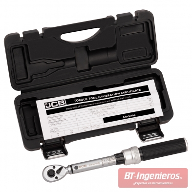 Llave dinamométrica JCB 1/4” 1–25 Nm en maletín rígido, incluye certificado de calibración individual con número de serie.