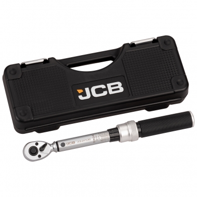 Detalle inferior de la empuñadura metálica y collar de bloqueo de la llave dinamométrica JCB 1/4”, acabado profesional.