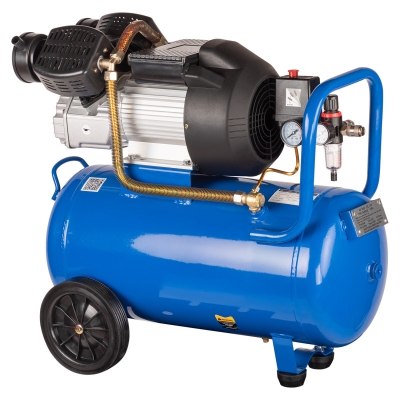 Vista general del compresor de aire 50L doble pistón, motor 3HP, depósito azul y panel de control profesional.