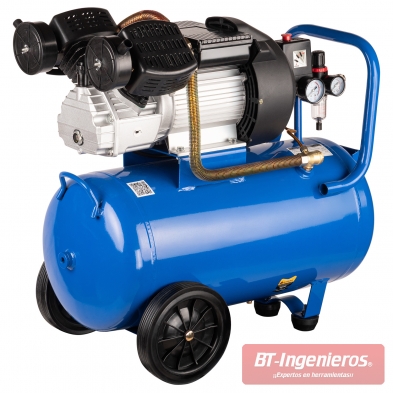 Compresor de aire profesional 50 litros, con doble pistón, motor 3HP, depósito azul y panel de control con manómetros.