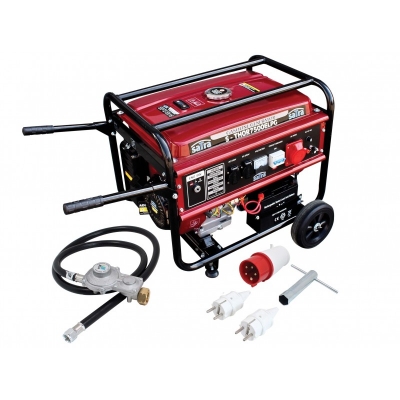 Generador S-THOR7500ELPG con enchufes monofásicos y trifásicos, regulador de gas, accesorios y herramientas incluidas.