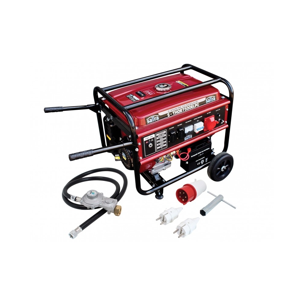 Generador S-THOR7500ELPG con enchufes monofásicos y trifásicos, regulador de gas, accesorios y herramientas incluidas.