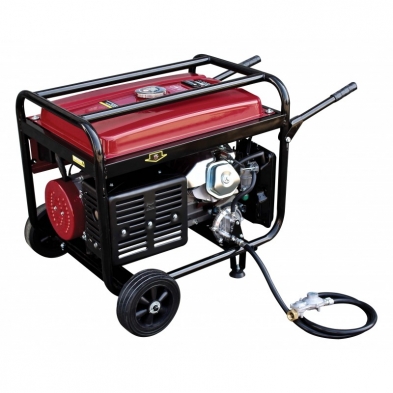 Generador gasolina gas S-THOR7500ELPG con motor 10HP, depósito grande y manguera de conexión GLP, preparado para transporte.