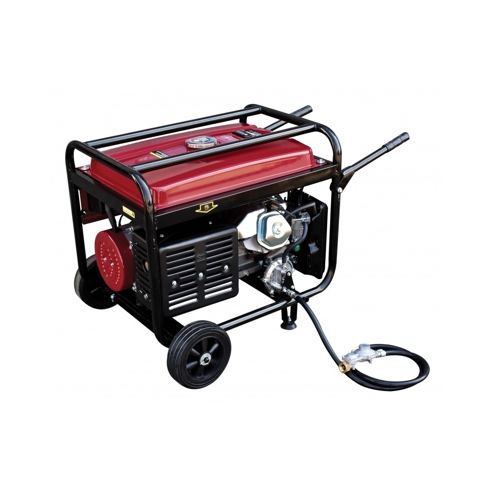 Generador gasolina gas S-THOR7500ELPG con motor 10HP, depósito grande y manguera de conexión GLP, preparado para transporte.