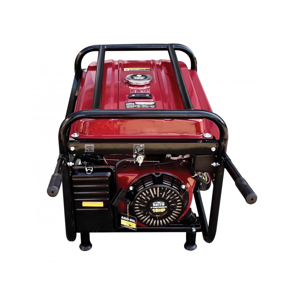 Vista trasera del generador S-THOR7500ELPG gasolina/gas, motor 10HP y estructura reforzada, ruedas para desplazamiento fácil.