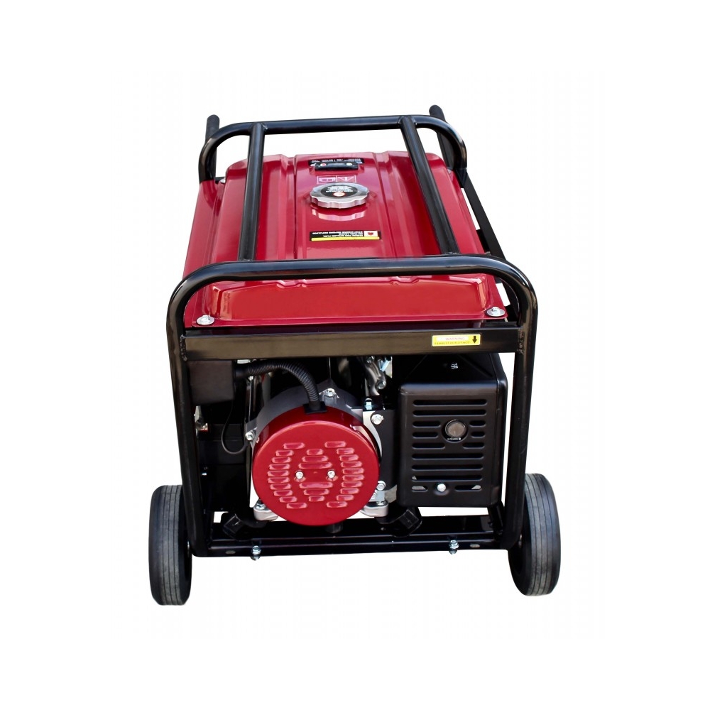 Vista delantera del generador dual fuel S-THOR7500ELPG, arranque eléctrico y manual, ruedas grandes y asas para maniobrar.