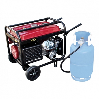 Generador dual gasolina - gas, conectado a bombona GLP, motor 10HP, ruedas y asas para transporte, uso profesional y obra.