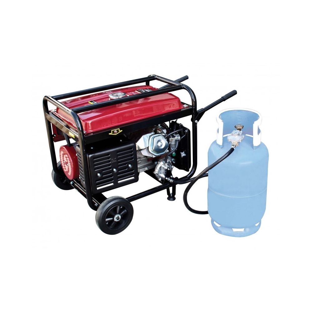 Generador dual gasolina - gas, conectado a bombona GLP, motor 10HP, ruedas y asas para transporte, uso profesional y obra.