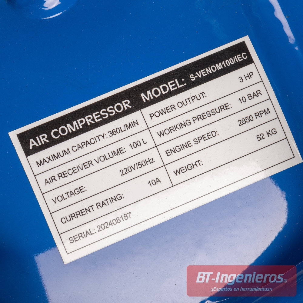 Placa de características técnicas compresor S-VENOM100 100L 3HP.