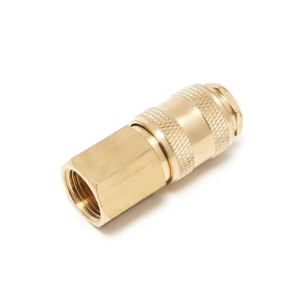 Conector rápido neumático de latón con rosca hembra 1/2" para aire comprimido.