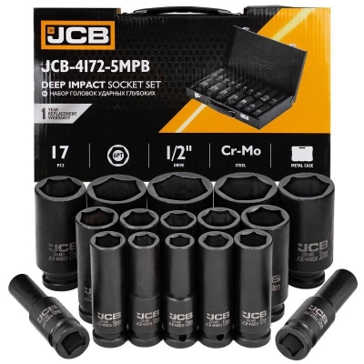 Juego de vasos impacto largos 17 piezas JCB 1/2 medidas 10 a 36 mm en maletín metálico.
