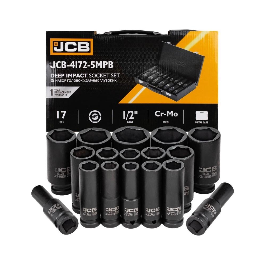 Juego de vasos impacto largos 17 piezas JCB 1/2 medidas 10 a 36 mm en maletín metálico.